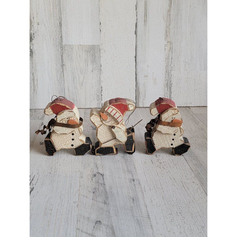 Stein wooden skiing snow set snowman vintage‎ rustic scarf ornament
